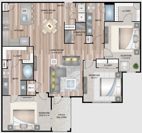 Floor plan for 3 beds, 2 baths, 1475 sqft